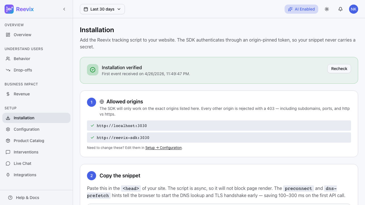 Installation page with SDK snippet